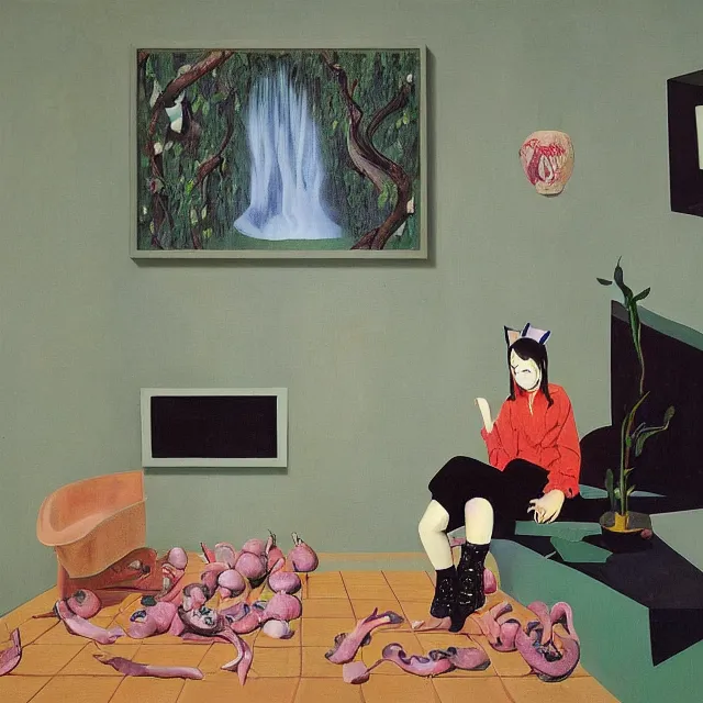 Prompt: catgirl emo art student in her lounge room, painting of flood waters inside an artist's loungeroom, a river flooding indoors, pomegranates, pigs, ikebana, water, octopus, river, rapids, waterfall, black swans, canoe, berries, acrylic on canvas, surrealist, by magritte and monet