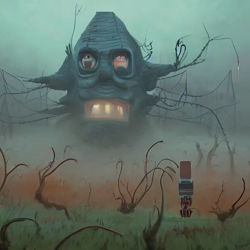 Image similar to ricky berwick, simon stalenhag, horror, eldritch horror, foggy