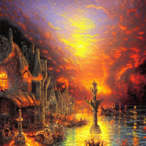 Prompt: Depths of Hell painting by Thomas Kinkade