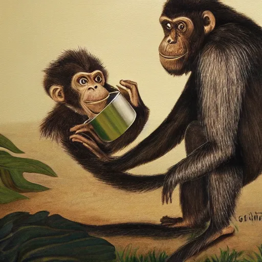 Image similar to an anthropormorphic tin can eating a monkey, painting