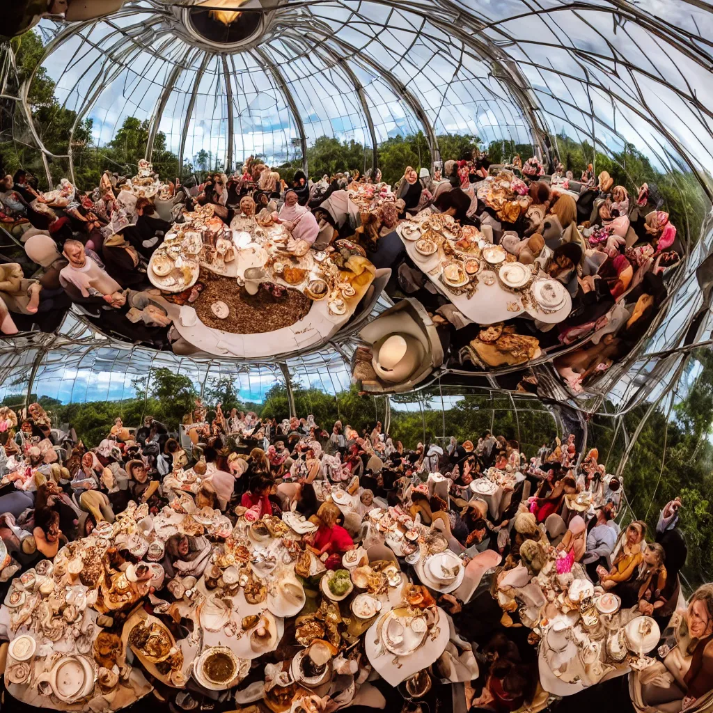 Image similar to elephant tea party, high tea, on a bridge, fulldome, 1 8 0 degree fisheye, 4 k,