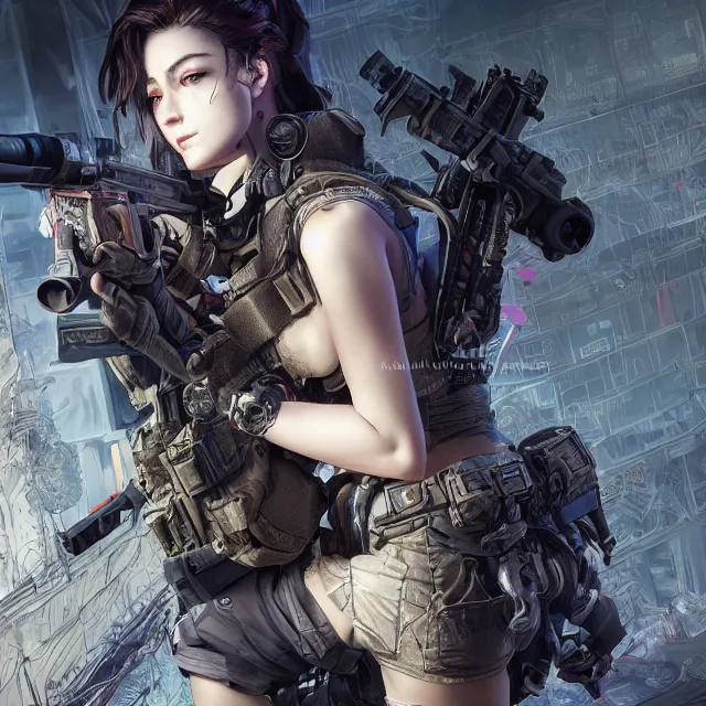 Prompt: the portrait of lawful neutral female cyberpunk marine sniper as absurdly beautiful, gorgeous, elegant, young gravure idol, an ultrafine hyperdetailed illustration by kim jung gi, irakli nadar, intricate linework, bright colors, octopath traveler, final fantasy, unreal engine 5 highly rendered, global illumination, radiant light, detailed and intricate environment