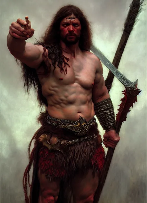 Prompt: barbarian, full body, hyper realistic, extremely detailed, dnd character art portrait, dark fantasy art, intricate fantasy painting, dramatic lighting, vivid colors, deviantart, artstation, by edgar maxence and caravaggio and michael whelan and delacroix.