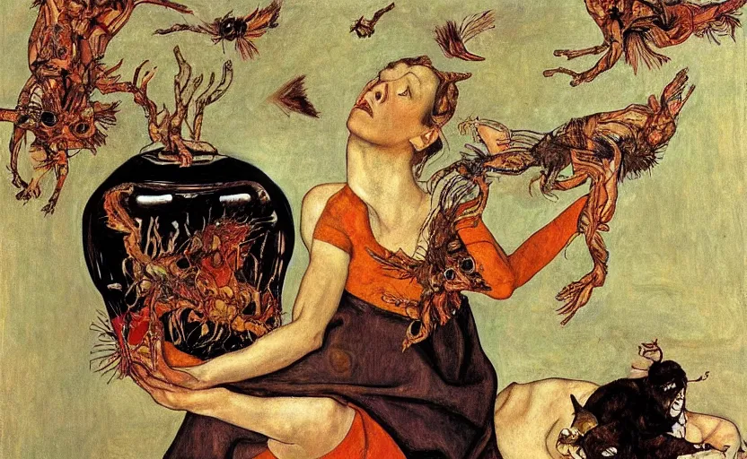 Image similar to a painting of pandora opening her jar, releasing monsters and critters that impersonate sickness and death, misery, she is fully dressed, in the style of realism and a masterpiece by artemisia gentileschi and egon schiele, critters flying around, the jar is clearly visible