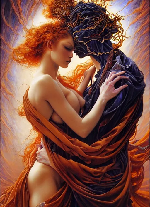 Prompt: a strange, biomorphic painting of two humanoid figures entwined and draped in silk, by ayami kojima, karol bak, greg hildebrandt, and mark brooks, highly detailed, dramatic, emotionally evoking, head in focus, volumetric lighting, oil painting, timeless disturbing masterpiece