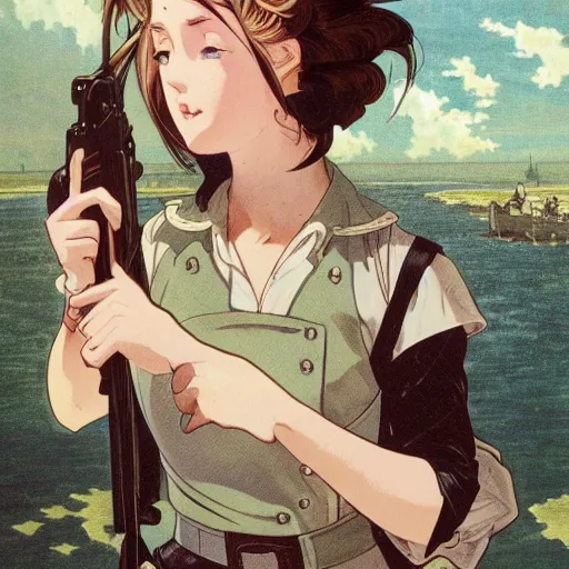 Image similar to british girl fighting ww2, anime style, long hair, hair down, symmetrical facial features, ww2 era, maid costume, hyper realistic, pale skin, 4k, rule of thirds, extreme detail, detailed drawing, trending artstation, hd, war, D&D, realistic lighting, by Alphonse Mucha, Greg Rutkowski, sharp focus, backlit