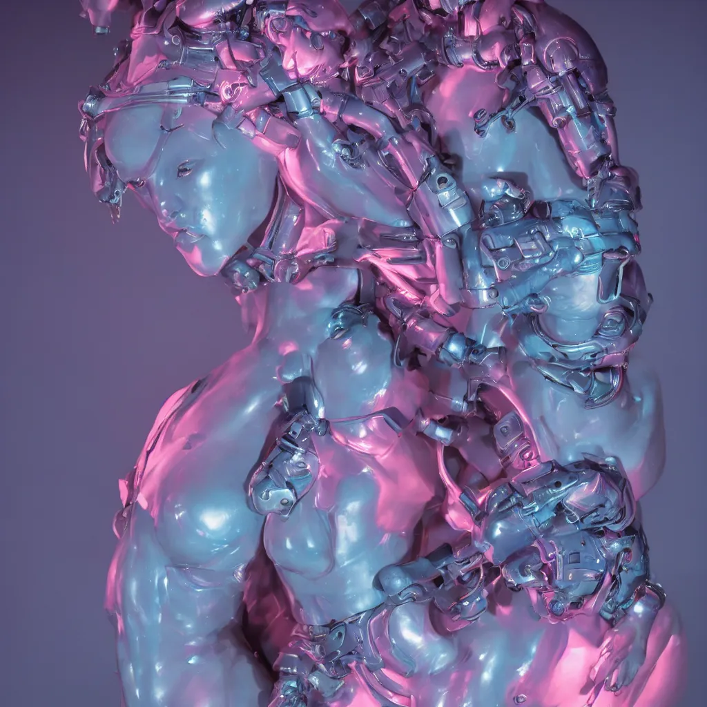 Image similar to high quality photo of rococo cyborg woman with pearlescent blue skin key sage wayne barlowe very soft pink neon lighting on one side wide angle 35mm shallow depth of field 8k