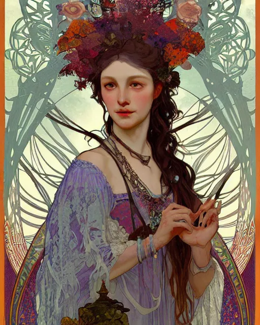 Prompt: Full view Bohemian Maiden Spirit of the woods in a beautiful dress, 4k digital illustration by Ruan Jia and Rembrandt, background by Alphonse Mucha, art nouveau iconography background, tarot card, stunning portrait, amazing magnificent mystical illustration, award winning art, vivid and vibrant, soft lighting, intricate details, realistic, full view, Artstation, CGsociety