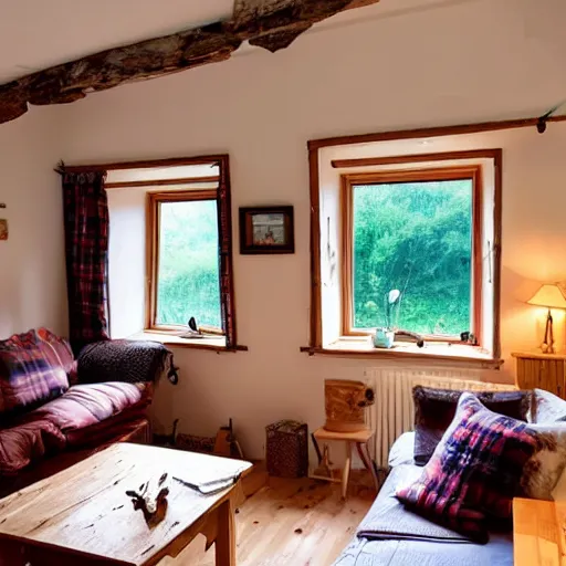 Prompt: cozy cottage in beautiful rolling scottish highlands, hygge