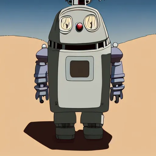 Image similar to a study of cell shaded cartoon of a grey robot st. bernard from howl's moving castle ( 2 0 0 4 ) on a desert road, full body, wide shot, very muted colors, post grunge, studio ghibli, laurie greasley, highly detailed, deviantart, art by artgem