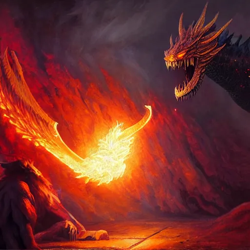 Prompt: A highly detailed, fantasy oil painting by Greg Rutkowski of a sorcerer casting a fireball spell against a huge ancient ice dragon