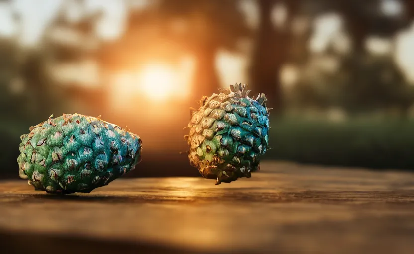 Prompt: a macro photo of a pine apple on a wooden table at sunrise, hyperrealistic, some trees in the background, dof, octane render, unreal engine 5, trending on artstation, high quality, highly detailed, 8 k, soft lighting, path traced, beautiful, harmonious, complementary colors, serene scene, bloom, godrays, concept art