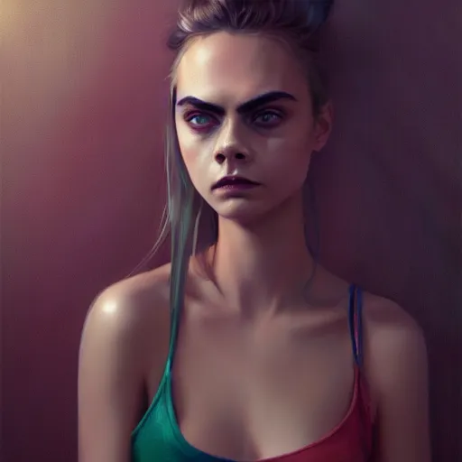 Image similar to cara delevingne, full body portrait colorful oil painting by greg rutkowski, charlie bowater, yuumei, yanjun cheng, unreal 5, daz, hyperrealistic, octane render, rpg portrait, dynamic lighting, fantasy art, beautiful face