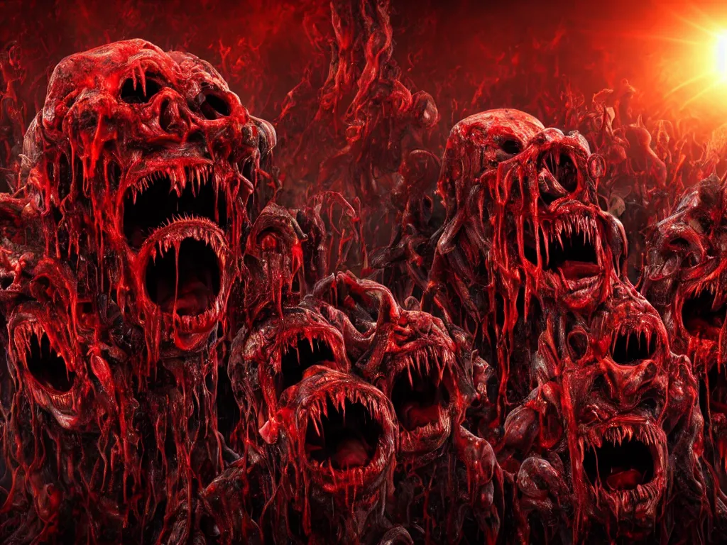 Prompt: twisted demonic creatures screaming, sun dripping liquid blood in the background, horror, hellish, grotesque, visceral, monstrosity, accursed, insanity, nightmare, High Definition detail, 8K