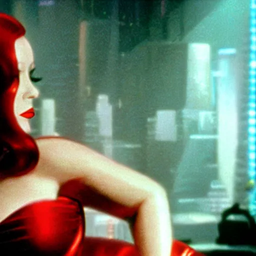 Prompt: Jessica Rabbit in real life in Blade Runner, cinematic film still, cyberpunk