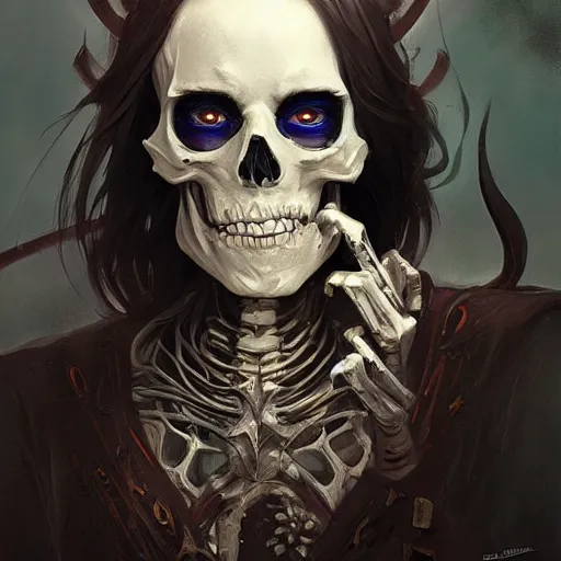 Image similar to portrait of an undead skeleton necromancer, D&D, fantasy, highly detailed, digital painting, artstation, smooth, sharp focus, illustration, art by artgerm and greg rutkowski and alphonse mucha