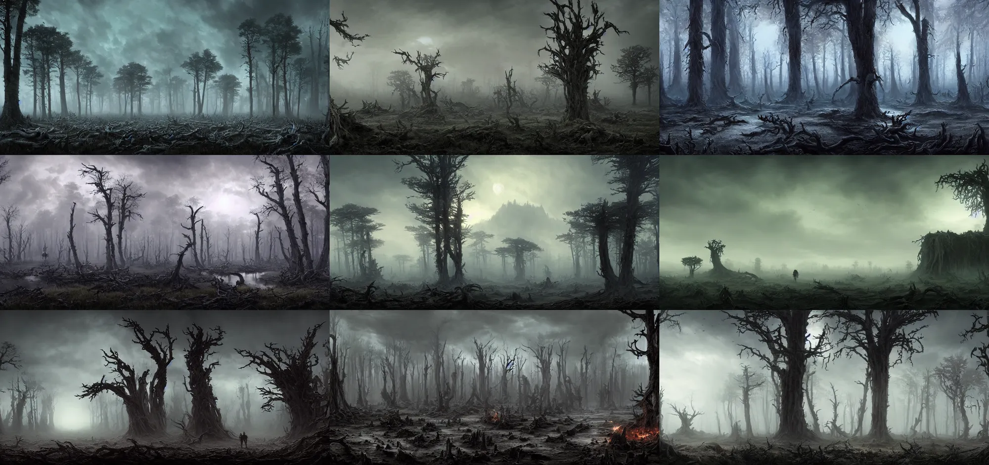 Prompt: beautiful render of a eerie landscape, unreal engine, necronomicon, first light, dead trees, moor, morning mist, dramatic clouds, scattered bones and skulls, soft light, by greg rutkowski and h. r. giger, cgsociety