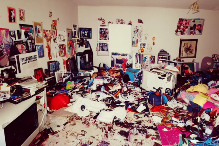 Prompt: photograph of messy 9 0 s bedroom