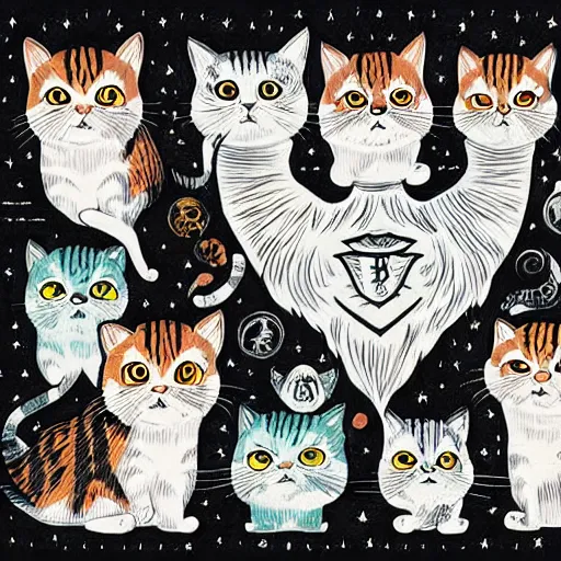 Image similar to mcbess illustration of a little harry potter cats, rainbow gouache