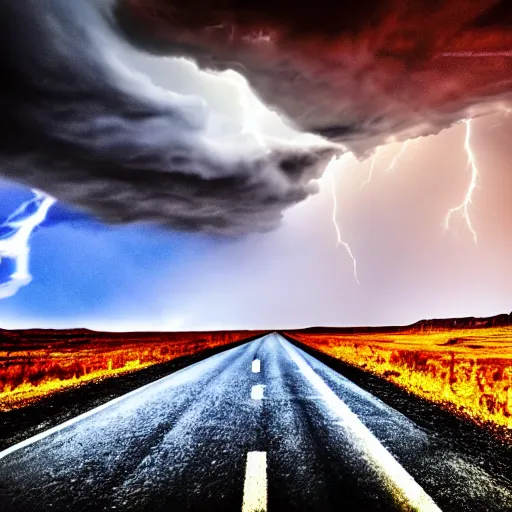 Prompt: nightmarish creatures rushing towards black pontiac firebird trans - am driving towards the camera, norway mountains, valley, large lake, dynamic, cinematic, motionblur, volumetric lighting, wide shot, low angle, red glow in sky, large lightning storm, thunder storm