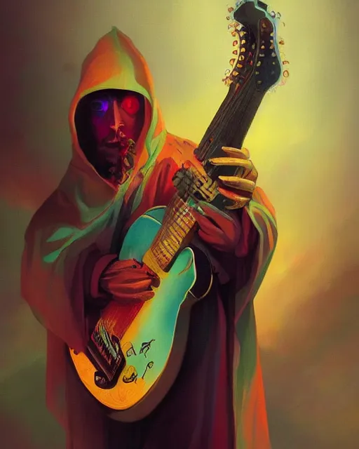 Image similar to colorful baroque portrait of a shadowy man wearing a hooded cloak, playing a guitar, gallery art by peter mohrbacher, artstation, artgate