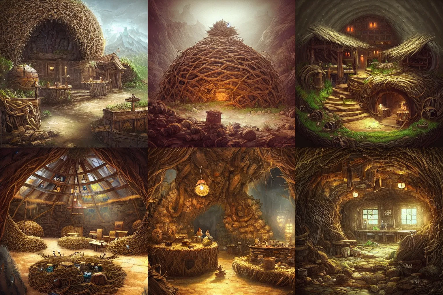 Prompt: “a rustic tavern built inside of a giant tumbleweed, fantasy, D&D art, warm lighting, hyper detailed, landscape.”