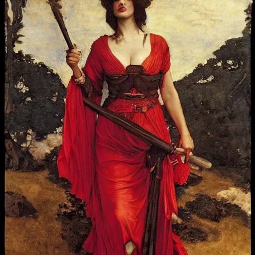 Prompt: eva green as a bandit queen, goddess of fire, fine silk red dress, by edgar maxence and caravaggio and michael whelan and delacroix