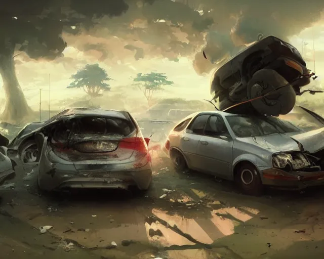 Image similar to a messy car accident, anime art, Greg Rutkowski, studio ghibli, dramatic lighting