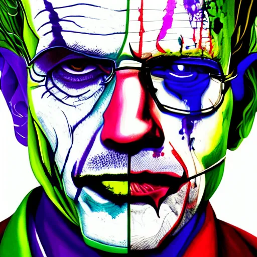 Prompt: bilateral half split portrait, walter white, the joker, splatter paint