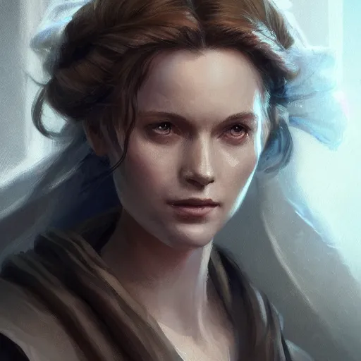 Image similar to portrait of a woman by greg rutkowski, jedi princess knight, curly redhead, jedi robes, star wars expanded universe, she is about 2 0 years old, elegant, graceful, wearing jedi robes, highly detailed portrait, digital painting, artstation, concept art, smooth, sharp foccus ilustration, artstation hq