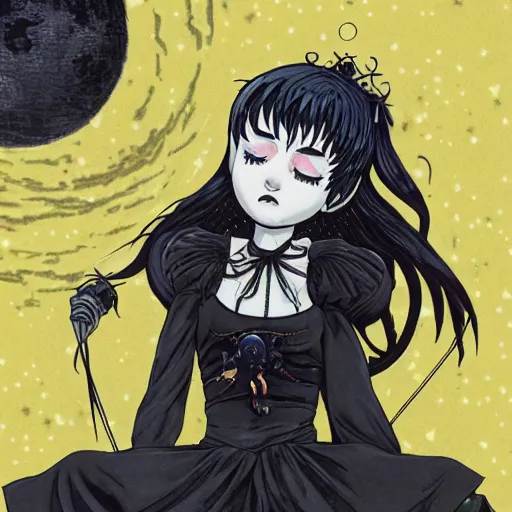 Prompt: goth girl wearing a gothic dress and a gas mask meditating in front of the moon drawn by naoko takeuchi, highly detailed, octane render