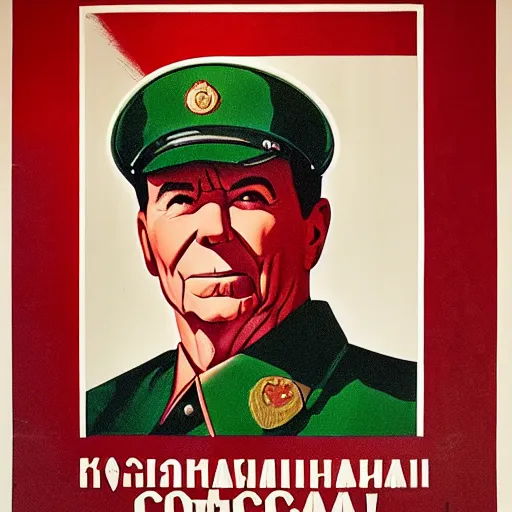 Image similar to communist propaganda poster portraying Ronald Reagan wearing a soviet officer uniform, 8k, very intricate, very detailed, inspiring,