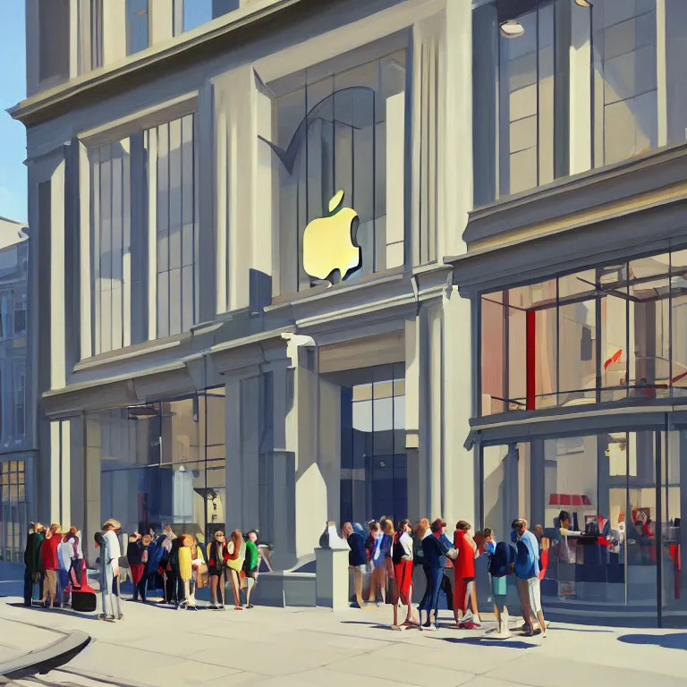 Image similar to apple store opening day in London, painted by Edward Hopper, painted by James Gilleard, airbrush