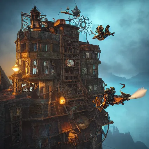 Image similar to a flying steampunk fortress, extremely detailed, behrens style, unreal 5 render, fantasy digital art, octane render, beautiful composition, trending on artstation, award - winning photograph, masterpiece