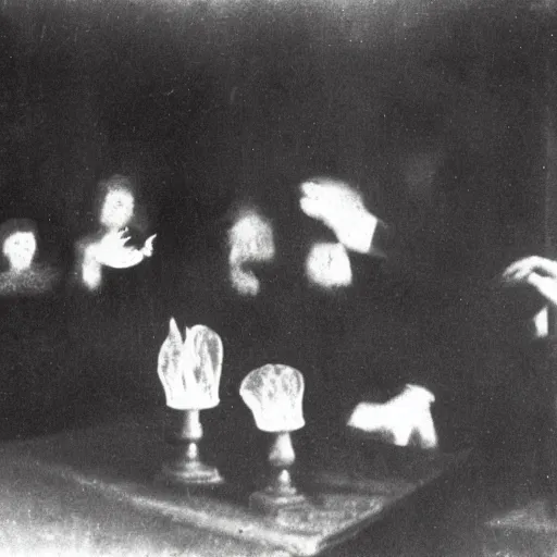 Prompt: 1920 photo taken during a séance showing a spirit medium manifesting ectoplasm