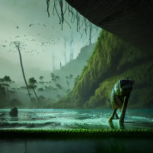 Image similar to indoors. dangerous creature lurking, eyes visible. a large body of water with green algae in it, a matte painting by filip hodas, cg society contest winner, environmental art, matte painting, volumetric lighting, cryengine