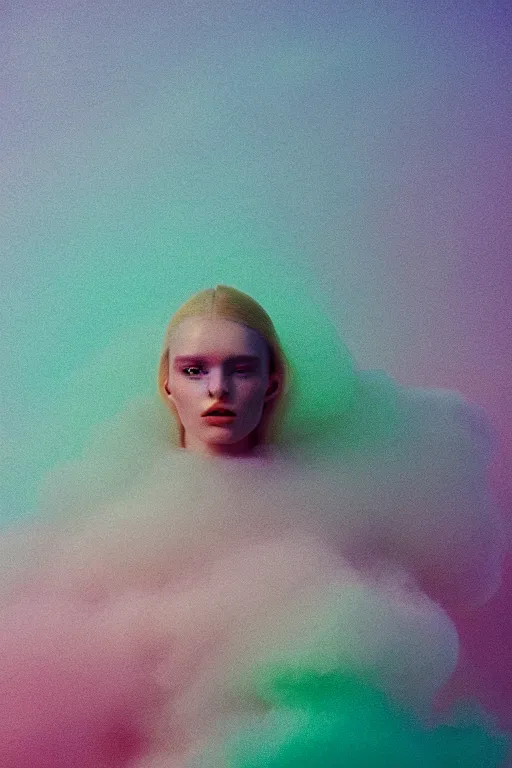 Image similar to high quality pastel coloured film close up wide angle photograph of a model wearing clothing swimming on cloud furniture in a icelandic black rock!! environment in a partially haze filled dreamstate world. three point light, rainbow. photographic production. art directed. pastel colours. volumetric clouds. pastel gradient overlay. waves glitch artefacts. extreme facial clarity. 8 k. filmic.