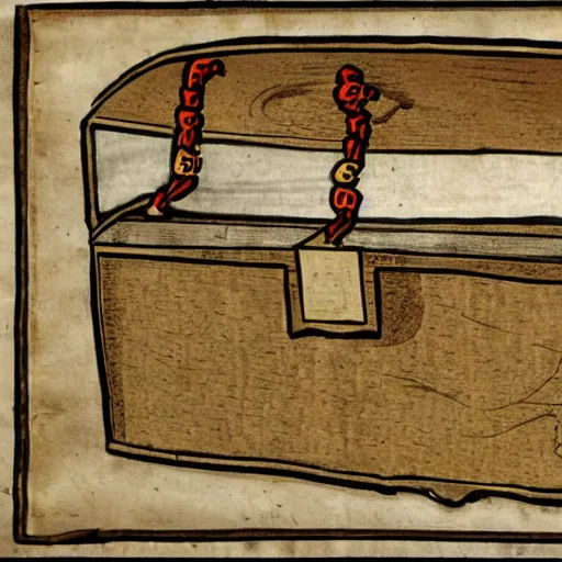 Image similar to anatomical diagram of trapped treasure chest, magical parchment