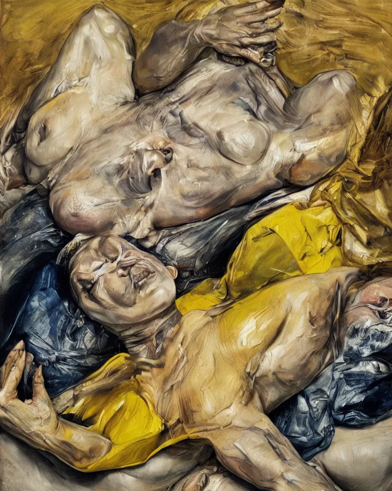 Image similar to high quality painting by lucian freud and jenny saville, hd, high contrast, fine details, hd, mangenta, indigo, yellow