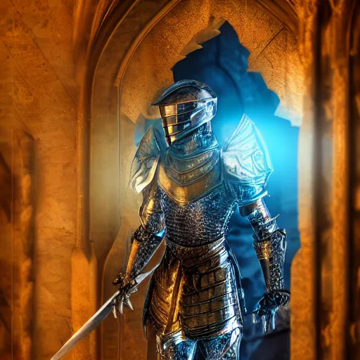 Image similar to evil knight, glowing halo, fantasy paladin, intricate legendary armor, located in a castle, morning sunlight through the window, decorated, high quality, highly detailed, 4 k