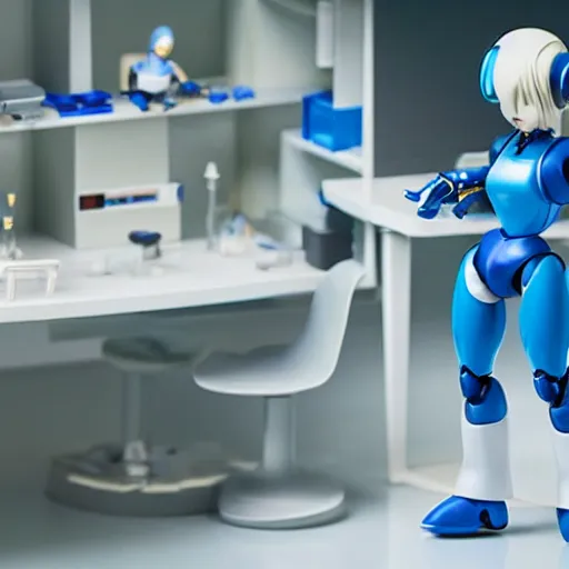 Image similar to photo of figma figures inside a diorama of a laboratory : : a cute female robot in the style of mega man with long hair is repairing computers. she is being helped by a companion robot.