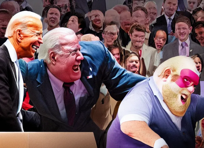 Image similar to Joe Biden kicks a fat man in the face, 8K, high quality render, highly detailed