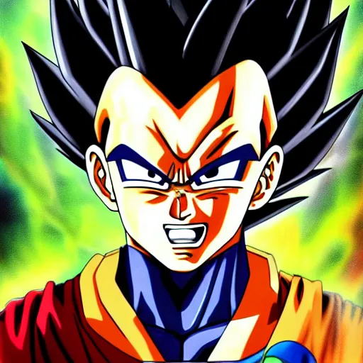 Image similar to ! dream ultra realistic portrait painting of a fusion of vegeta and sasuke art by akira toriyama, 4 k, dragon ball artstyle, cel shaded, highly detailed, epic lighting, full body