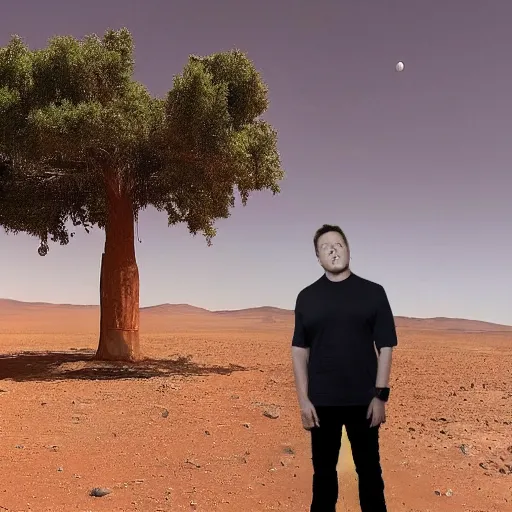 Image similar to elon musk smoking weed while sitting under a tree on mars