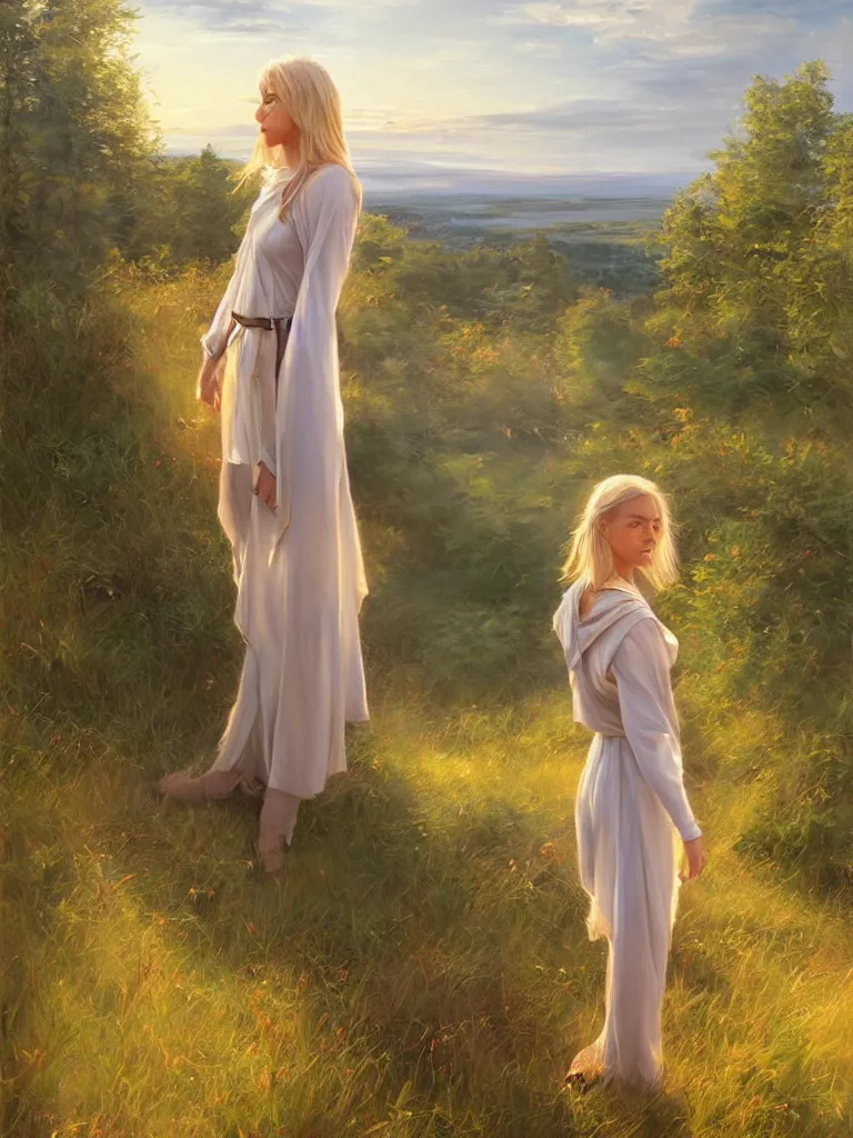 Image similar to blonde female jedi, Swedish countryside, landscape view, archipelago, freedom, dawn, sunrise, beautiful, by Vladimir Volegov, wlop, artstation