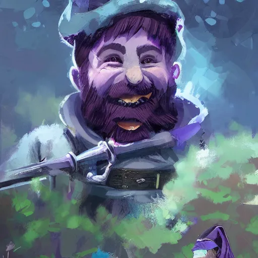 Prompt: male dwarf youth adventurer with purple skin, by Ismail Inceoglu, wearing leather adventuring clothes, shabby, short, kid, bald, wielding knife, happy grin, character portrait closeup, digital art, dungeons and dragon, character