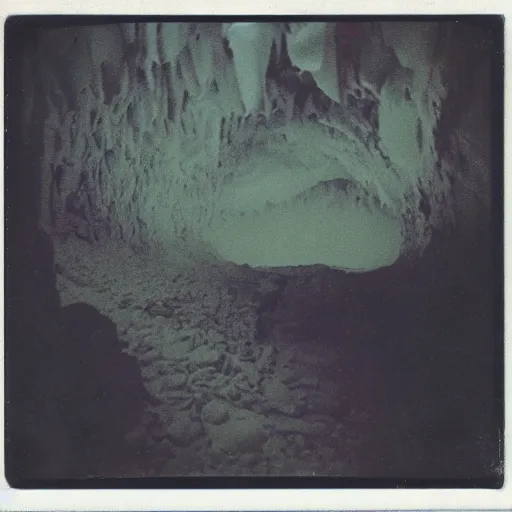 Prompt: a dark and narrow glacier cave, deep, dark, creepy, eerie, unsettling, terrifying, old polaroid, expired film, deep,