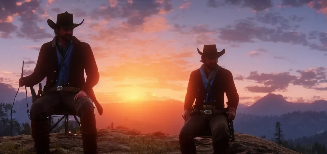 Image similar to Arthur Morgan from Red Dead Redemption 2 sitting at the top of a mountain looking at a beautiful sunrise in the distance