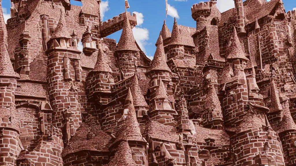 Prompt: open angle photo of a castle made of chocolate,