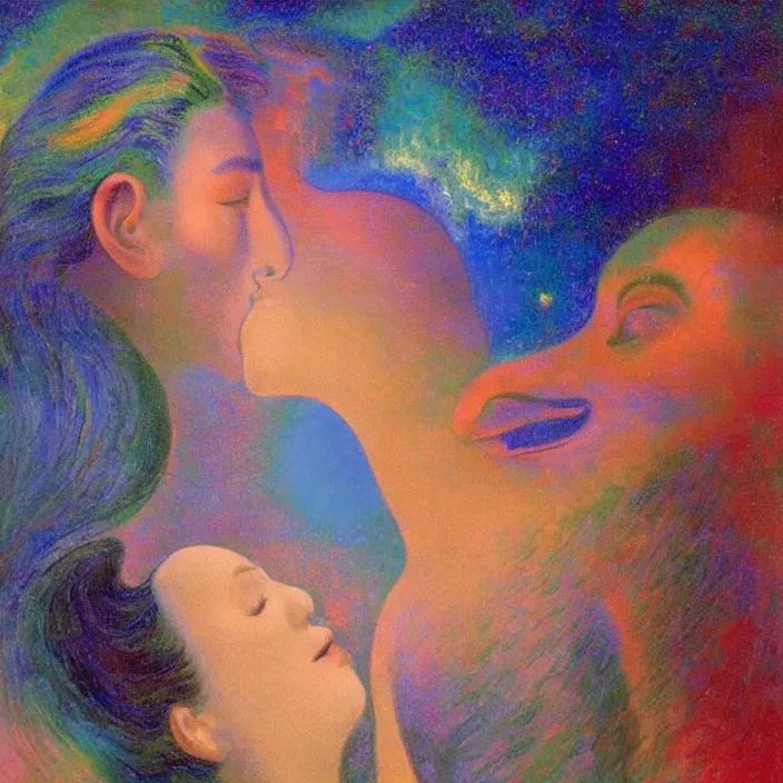 Prompt: close portrait of woman and man kissing. aurora borealis. iridescent, psychedelic lapis - lazuli, turquoise colors. painting by salvador dali, agnes pelton, utamaro, monet